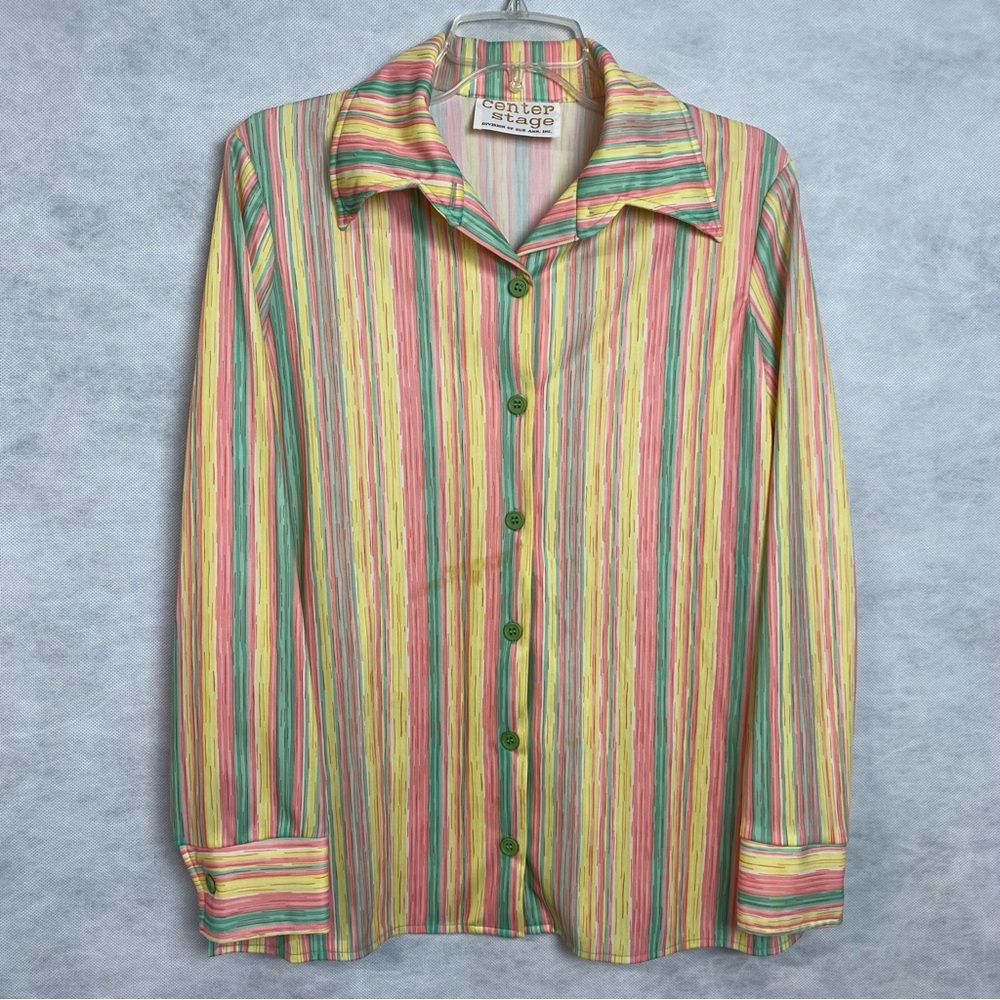 Vintage 70s Center Stage Button Down Shirt Women Medium Yellow Stripe Disco Flaw